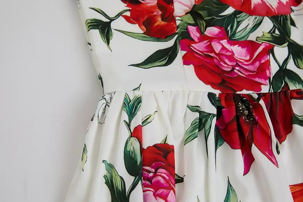 SaneShoppe - Romantic Floral Print Svel Dr High Waist Knot Waist Cinching Maxi Skirt French Sle Polyester Fiber Stree...