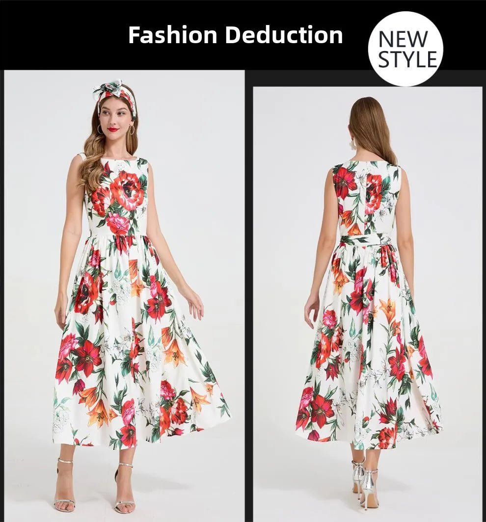 SaneShoppe - Romantic Floral Print Svel Dr High Waist Knot Waist Cinching Maxi Skirt French Sle Polyester Fiber Stree...