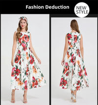 SaneShoppe - Romantic Floral Print Svel Dr High Waist Knot Waist Cinching Maxi Skirt French Sle Polyester Fiber Stree...