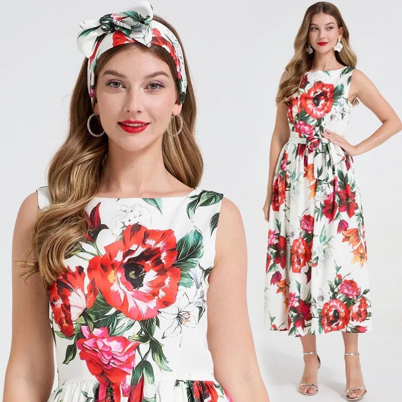 SaneShoppe - Romantic Floral Print Svel Dr High Waist Knot Waist Cinching Maxi Skirt French Sle Polyester Fiber Stree...