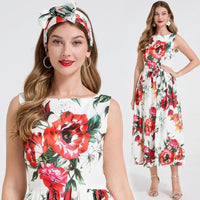 SaneShoppe - Romantic Floral Print Svel Dr High Waist Knot Waist Cinching Maxi Skirt French Sle Polyester Fiber Stree...