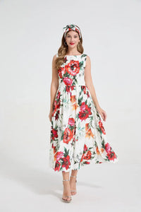 SaneShoppe - Romantic Floral Print Svel Dr High Waist Knot Waist Cinching Maxi Skirt French Sle Polyester Fiber Stree...