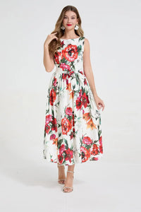 SaneShoppe - Romantic Floral Print Svel Dr High Waist Knot Waist Cinching Maxi Skirt French Sle Polyester Fiber Stree...