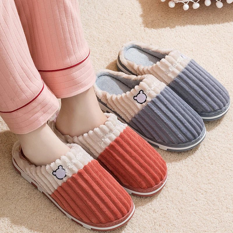 SaneShoppe - Smile Pop Women Confinement Soft Cotton Slippers Warm Non - slip Plush Home Cotton Slippers Men Winter Couple Cotton Slippers