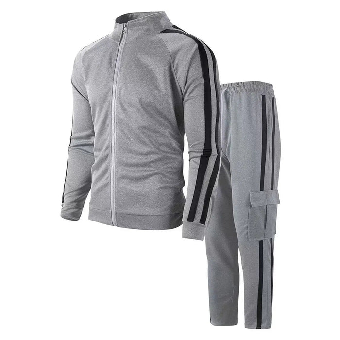 SaneShoppe - Spring and Autumn Men's Cardigan Striped Stand up Collar Sports Set Outdoor Jogging Cycling Mountaineering Two Piece Set