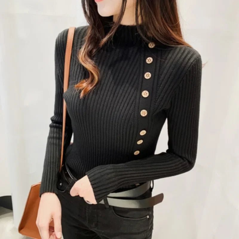 SaneShoppe - Spring Autumn Mock Neck Skinny Elastic Knitted Shirt Women Pullover Sweater Tops Female Long Sleeve Slim Knit Shirts Knitwear
