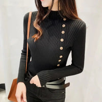 SaneShoppe - Spring Autumn Mock Neck Skinny Elastic Knitted Shirt Women Pullover Sweater Tops Female Long Sleeve Slim Knit Shirts Knitwear