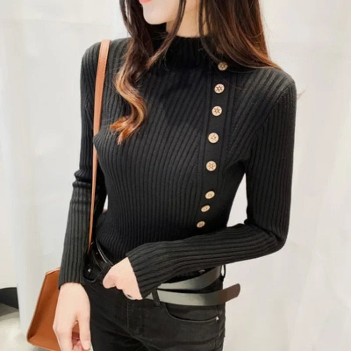 SaneShoppe - Spring Autumn Mock Neck Skinny Elastic Knitted Shirt Women Pullover Sweater Tops Female Long Sleeve Slim Knit Shirts Knitwear