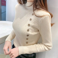 SaneShoppe - Spring Autumn Mock Neck Skinny Elastic Knitted Shirt Women Pullover Sweater Tops Female Long Sleeve Slim Knit Shirts Knitwear