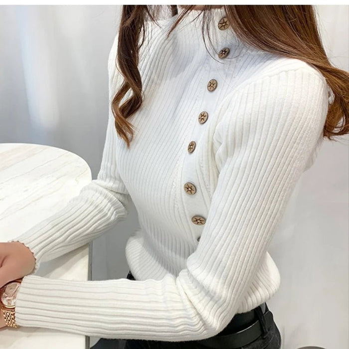 SaneShoppe - Spring Autumn Mock Neck Skinny Elastic Knitted Shirt Women Pullover Sweater Tops Female Long Sleeve Slim Knit Shirts Knitwear