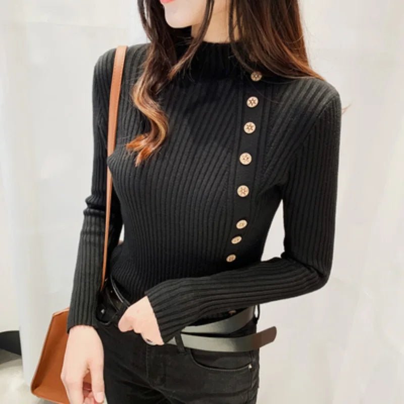 SaneShoppe - Spring Autumn Mock Neck Skinny Elastic Knitted Shirt Women Pullover Sweater Tops Female Long Sleeve Slim Knit Shirts Knitwear