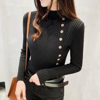 SaneShoppe - Spring Autumn Mock Neck Skinny Elastic Knitted Shirt Women Pullover Sweater Tops Female Long Sleeve Slim Knit Shirts Knitwear