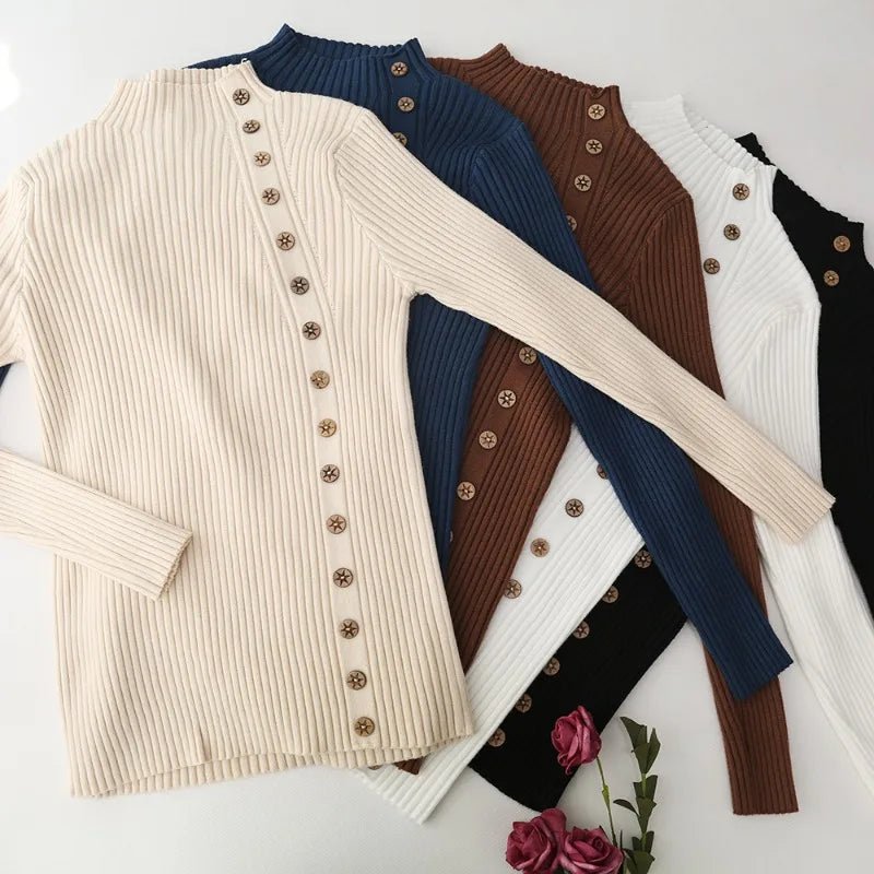 SaneShoppe - Spring Autumn Mock Neck Skinny Elastic Knitted Shirt Women Pullover Sweater Tops Female Long Sleeve Slim Knit Shirts Knitwear