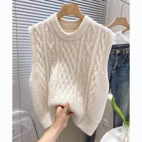 SaneShoppe - Spring Autumn Retro Linen Sleeveless Coat Women Korean Style Loose Folding Knitted Vest Outerwear Round Neck Small Backpack