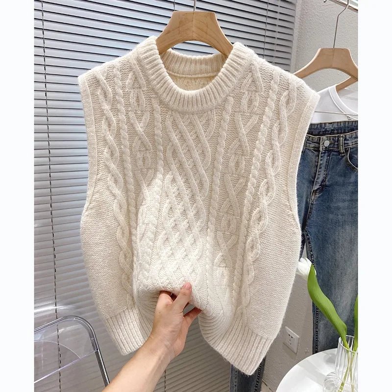 SaneShoppe - Spring Autumn Retro Linen Sleeveless Coat Women Korean Style Loose Folding Knitted Vest Outerwear Round Neck Small Backpack