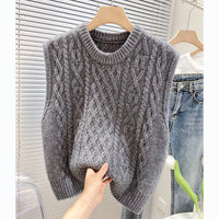 SaneShoppe - Spring Autumn Retro Linen Sleeveless Coat Women Korean Style Loose Folding Knitted Vest Outerwear Round Neck Small Backpack
