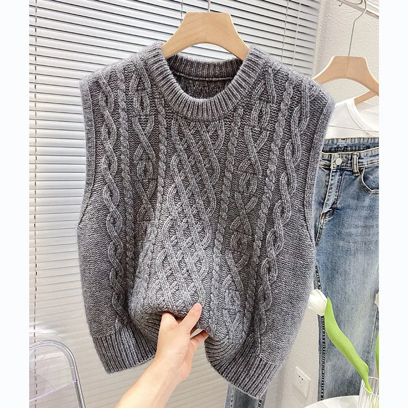 SaneShoppe - Spring Autumn Retro Linen Sleeveless Coat Women Korean Style Loose Folding Knitted Vest Outerwear Round Neck Small Backpack