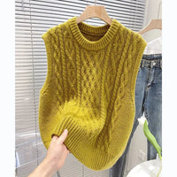 SaneShoppe - Spring Autumn Retro Linen Sleeveless Coat Women Korean Style Loose Folding Knitted Vest Outerwear Round Neck Small Backpack