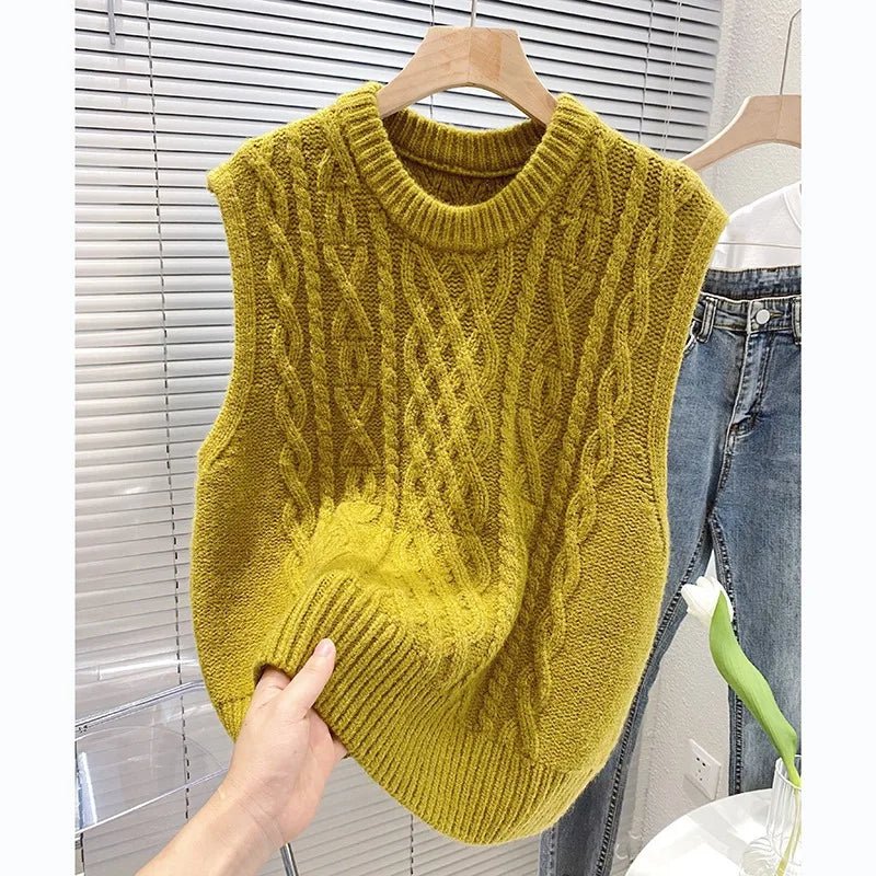 SaneShoppe - Spring Autumn Retro Linen Sleeveless Coat Women Korean Style Loose Folding Knitted Vest Outerwear Round Neck Small Backpack