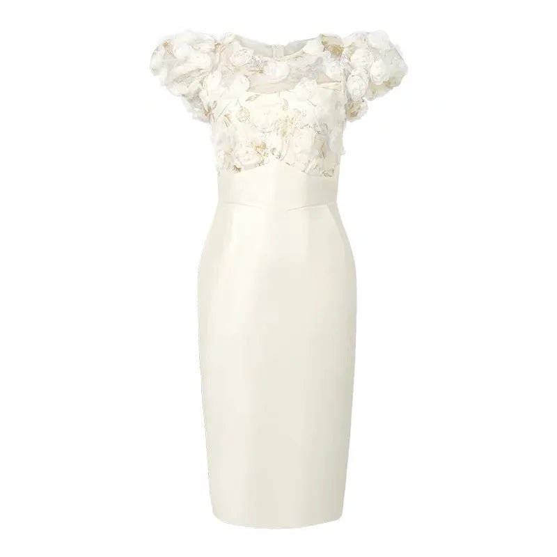 SaneShoppe - Summer Elegant Luxury Gown Evening Dress Women Clothes Sweet Floral Sheer Sexy Puff Sleeve Midi Party Birthday Vestidos Fiesta