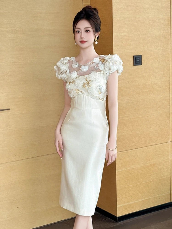 SaneShoppe - Summer Elegant Luxury Gown Evening Dress Women Clothes Sweet Floral Sheer Sexy Puff Sleeve Midi Party Birthday Vestidos Fiesta