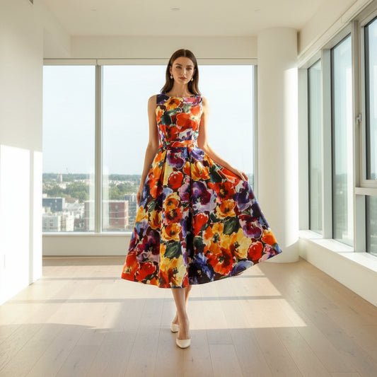 SaneShoppe - Summer Elegant Women's Banquet Evening Dress Slim Fit Style A - line Sleeveless Women's Flower Print Plus Size Dress