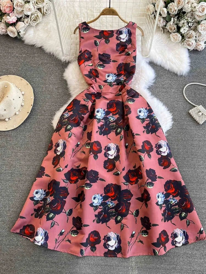 SaneShoppe - Summer Elegant Women's Banquet Evening Dress Slim Fit Style A - line Sleeveless Women's Flower Print Plus Size Dress