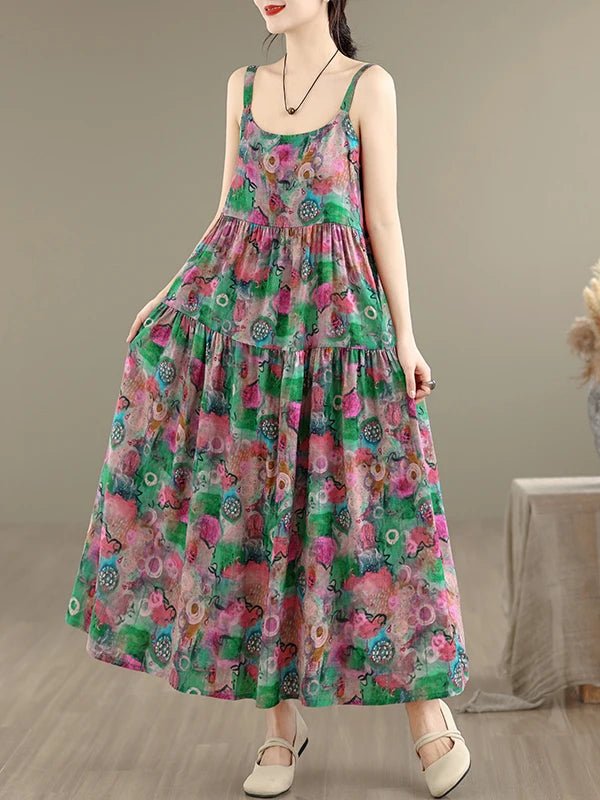 SaneShoppe - Summer Floral Print Cotton Lin Women's Dr Long Skirt Loose Fit Big Hemline Ethnic Sle Printed Dr for Ladies