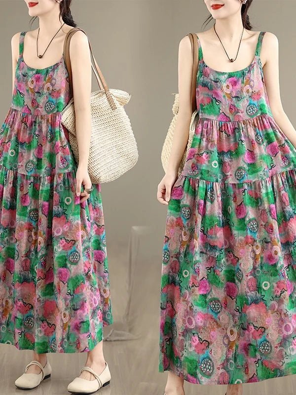 SaneShoppe - Summer Floral Print Cotton Lin Women's Dr Long Skirt Loose Fit Big Hemline Ethnic Sle Printed Dr for Ladies