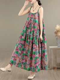 SaneShoppe - Summer Floral Print Cotton Lin Women's Dr Long Skirt Loose Fit Big Hemline Ethnic Sle Printed Dr for Ladies