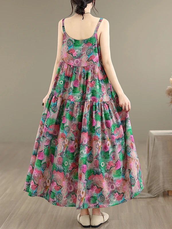 SaneShoppe - Summer Floral Print Cotton Lin Women's Dr Long Skirt Loose Fit Big Hemline Ethnic Sle Printed Dr for Ladies