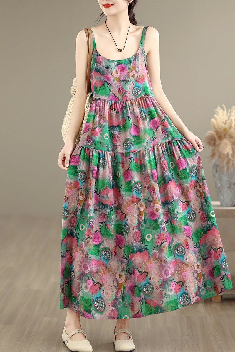SaneShoppe - Summer Floral Print Cotton Lin Women's Dr Long Skirt Loose Fit Big Hemline Ethnic Sle Printed Dr for Ladies