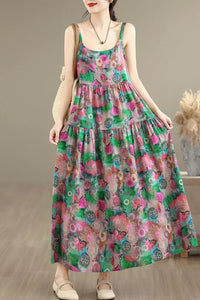 SaneShoppe - Summer Floral Print Cotton Lin Women's Dr Long Skirt Loose Fit Big Hemline Ethnic Sle Printed Dr for Ladies