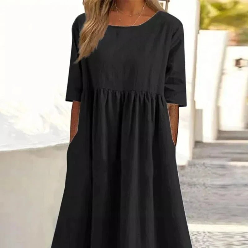SaneShoppe - Summer New Cotton and Linen Casual Short Sleeve Pocket Fold Loose Round Neck Women's Dress 300