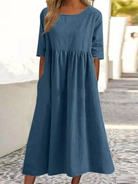 SaneShoppe - Summer New Cotton and Linen Casual Short Sleeve Pocket Fold Loose Round Neck Women's Dress 300