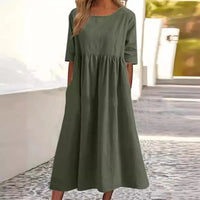 SaneShoppe - Summer New Cotton and Linen Casual Short Sleeve Pocket Fold Loose Round Neck Women's Dress 300