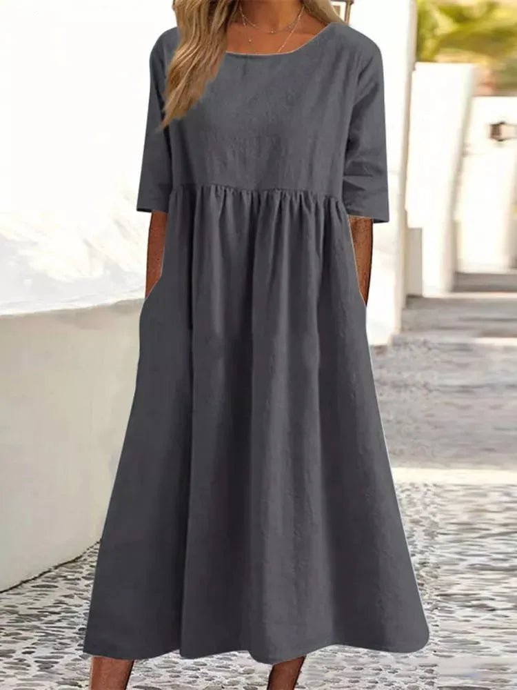 SaneShoppe - Summer New Cotton and Linen Casual Short Sleeve Pocket Fold Loose Round Neck Women's Dress 300