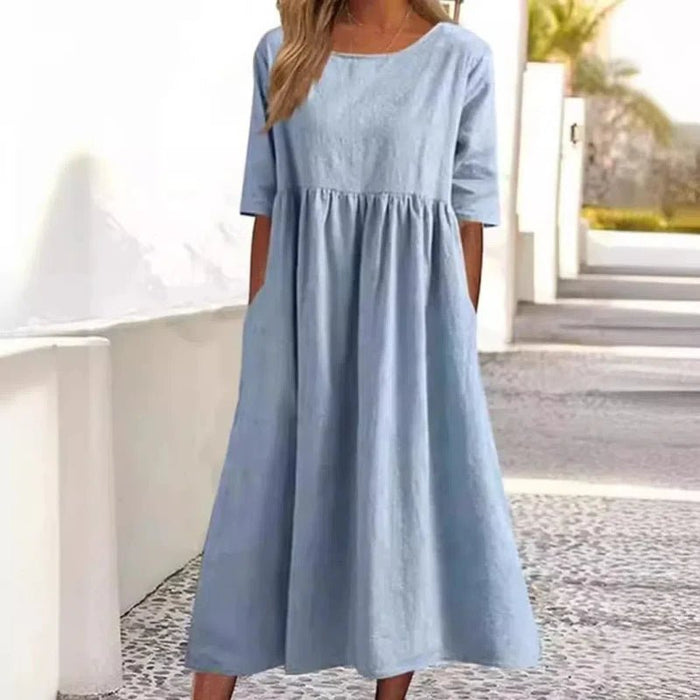 SaneShoppe - Summer New Cotton and Linen Casual Short Sleeve Pocket Fold Loose Round Neck Women's Dress 300