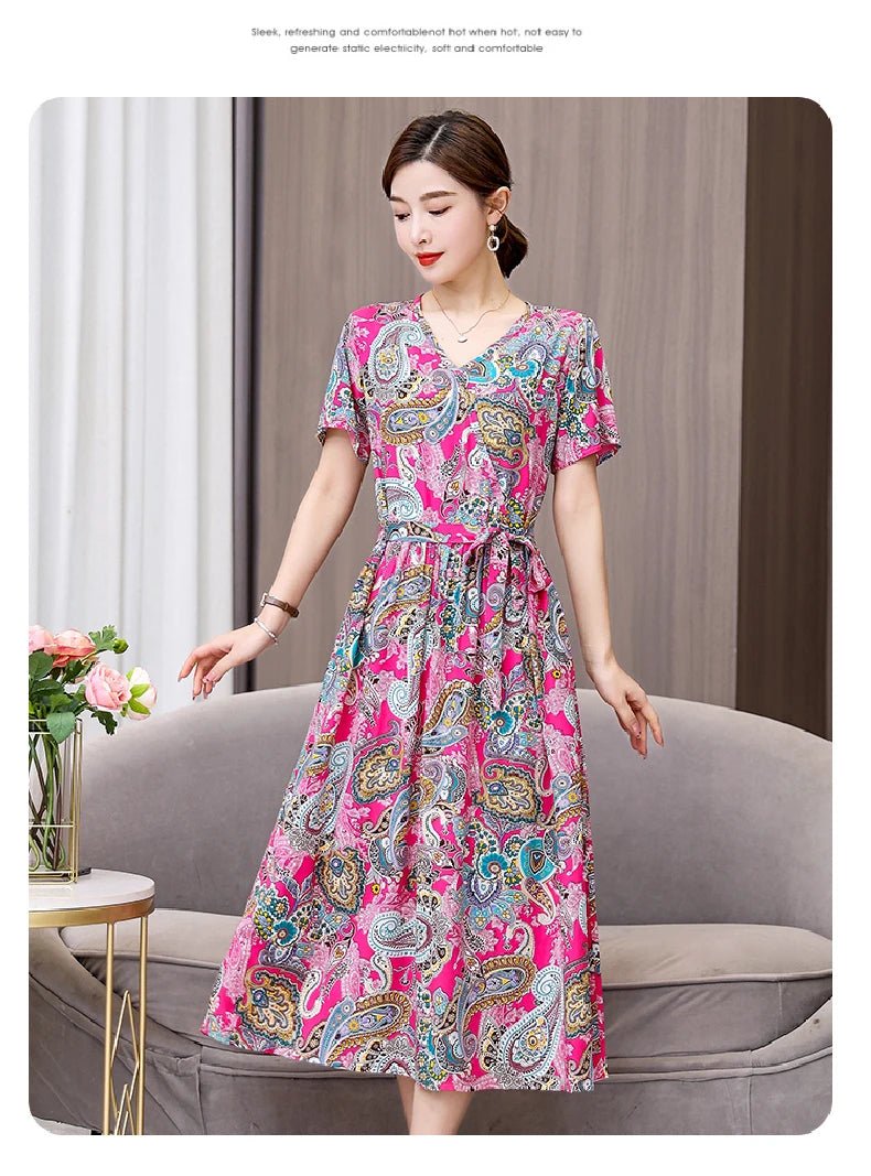SaneShoppe - Summer women dresses casual V - neck print vintage short sleeve Ladies Clothing 2025 Womens Clothes Sundresses