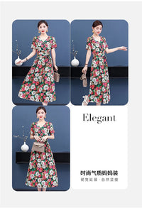 SaneShoppe - Summer women dresses casual V - neck print vintage short sleeve Ladies Clothing 2025 Womens Clothes Sundresses