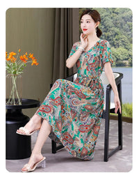 SaneShoppe - Summer women dresses casual V - neck print vintage short sleeve Ladies Clothing 2025 Womens Clothes Sundresses