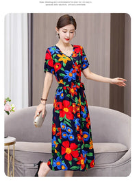 SaneShoppe - Summer women dresses casual V - neck print vintage short sleeve Ladies Clothing 2025 Womens Clothes Sundresses