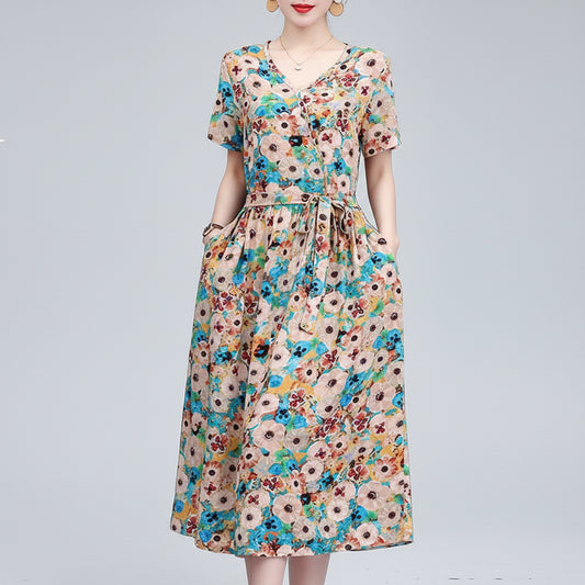 SaneShoppe-Vintage V-Neck Summer Dresses for Women - Casual Short Sleeve Sundresses