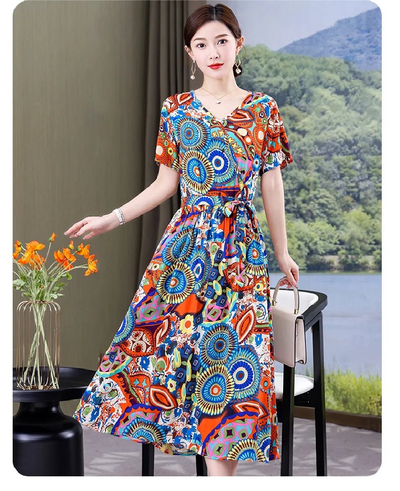 SaneShoppe - Summer women dresses casual V - neck print vintage short sleeve Ladies Clothing 2025 Womens Clothes Sundresses