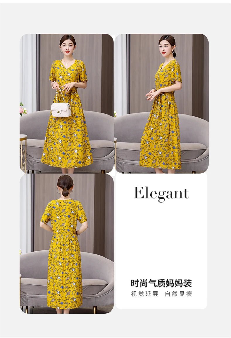 SaneShoppe - Summer women dresses casual V - neck print vintage short sleeve Ladies Clothing 2025 Womens Clothes Sundresses