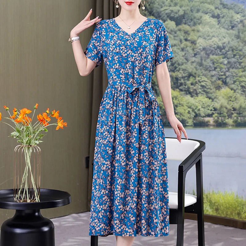 SaneShoppe - Summer women dresses casual V - neck print vintage short sleeve Ladies Clothing 2025 Womens Clothes Sundresses