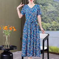 SaneShoppe - Summer women dresses casual V - neck print vintage short sleeve Ladies Clothing 2025 Womens Clothes Sundresses