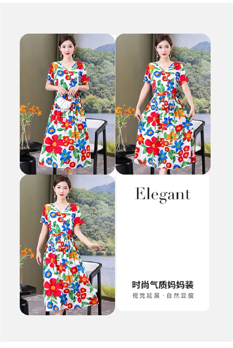 SaneShoppe - Summer women dresses casual V - neck print vintage short sleeve Ladies Clothing 2025 Womens Clothes Sundresses