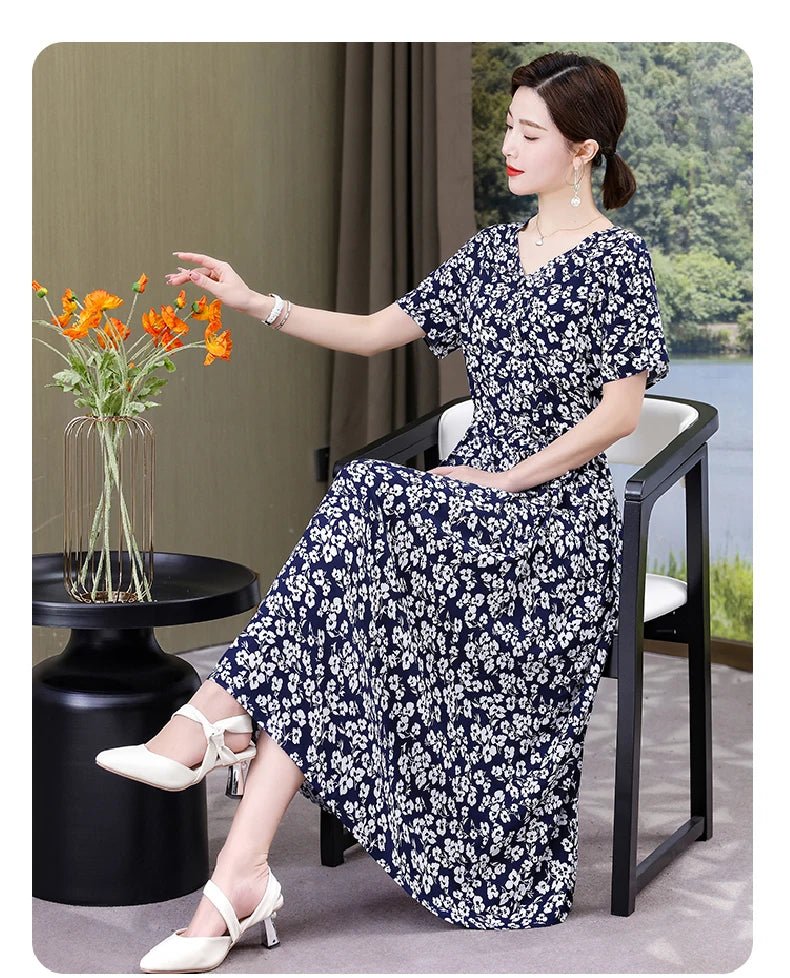 SaneShoppe - Summer women dresses casual V - neck print vintage short sleeve Ladies Clothing 2025 Womens Clothes Sundresses