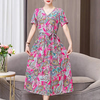 SaneShoppe - Summer women dresses casual V - neck print vintage short sleeve Ladies Clothing 2025 Womens Clothes Sundresses